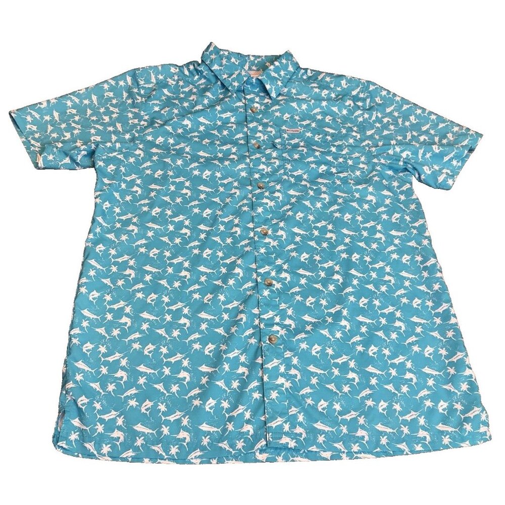 Columbia PFG Fishing Shirt Omni Shade Vented Blue White Marlin Mens Medium